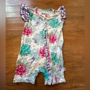 Pastel Floral Romper with Purple Gingham Bow